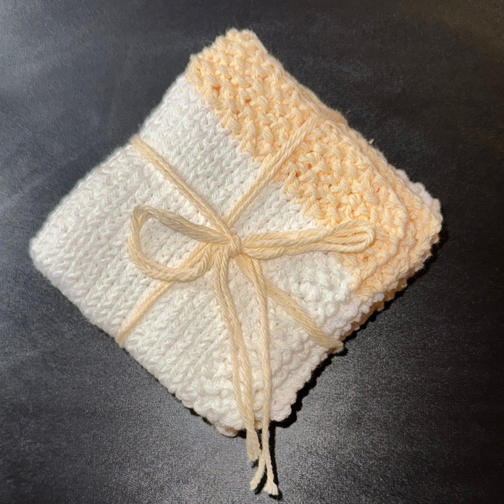 Handmade Knit Washcloth/Dishcloth  Set in Cream and Yellow, NEW, set of 3
